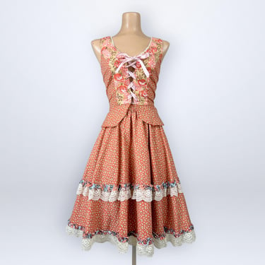 Rare Vintage 1970s Homespun Ltd Two-Piece Corset Skirt Set Prairie Calico Gunne Sax VFG 