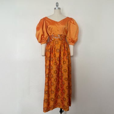 1980s Orange Silk Custom Made Blouse and Skirt Set, Small to Medium | 80s Beaded Printed Silk 2-Piece Dress (S, M, 38-29-Free) 