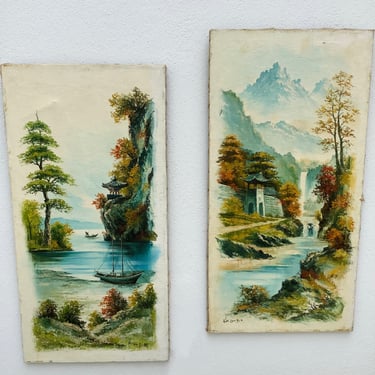 Asian Landscape Oil Painting On Canvas / Pair