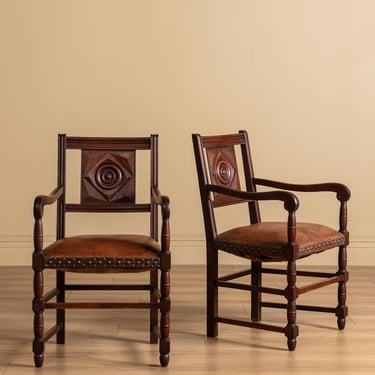 Pair of Oak & Leather Open Arm Chairs, France, 1940s