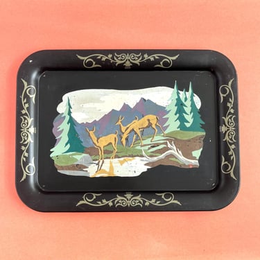 WOODLAND TOLE TRAY, Handpainted Deer, Rustic Cabin Decor, Vintage Mountain Landscape, 1970s, Flea Market Finds 