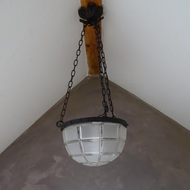 Art Deco French  Vintage Whrought Iron and White Frosted  Cut Glass  Ceiling Light,Lamp,from the  1930s. 
