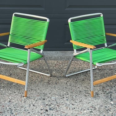 Pair Vintage Lime Green Telescope Folding Lawn Chairs 