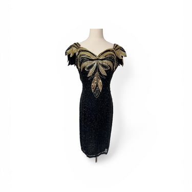 1980s Lillie Rubin Heavily Beaded Silk Dress 