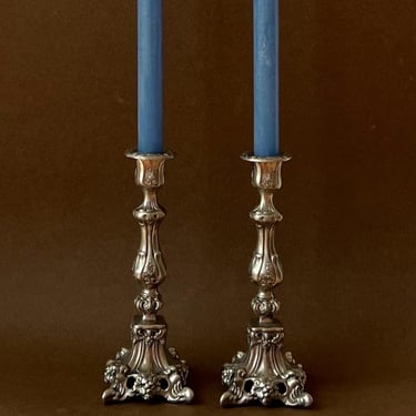 Pair of French Pewter Candlesticks, Vintage Étain 95%, Ornate Rococo Holders 