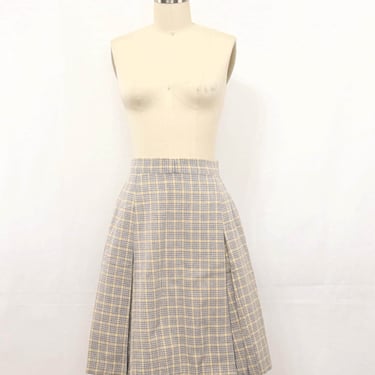 Vintage 70s Plaid Wool A Line Skirt with Inverted Pleats | Glen Plaid in Blue and Yellow 