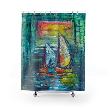 Sailboat  Nautical Shower Curtain ~ Sailboat Art Print ~ Bathroom Curtain ~ Abstract Boat Art ~  Beach House Curtain ~ Abstract Sailboats 