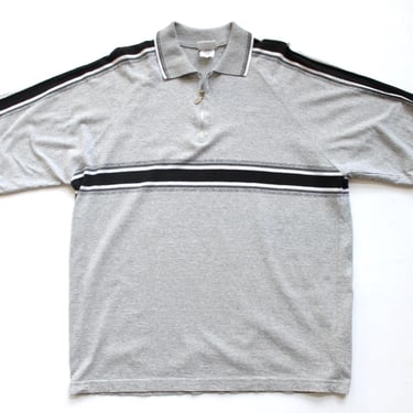 vintage BIG stripe zipper y2k 2000s tri-color GRAY vintage club POLO short sleeve thick cotton shirt -- size large -- Free Shipping U.S.A 