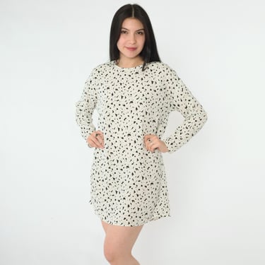 Vintage Geometric Mini Dress 80s Confetti Print Long Sleeve Shift Minidress White Black Evan Picone Retro Medium Large 