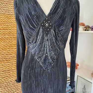 Vintage 1980s Black pleated Plisse evening dress, art deco embellished evening gown size small/medium, formal party long sleeve party dress 