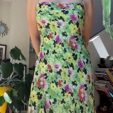 VTG Y2K Green Floral Rayon Bias Cut Dress 