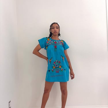 80s Mexican Embroidered Dress (S) small blue vintage mini 