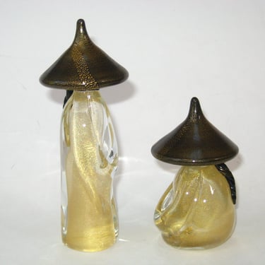 Gambaro & Poggi Murano Seguso Style Pair Asian Chinese Oriental Figurines - Venetian Sfumato Glass w/ Gold Polveri 