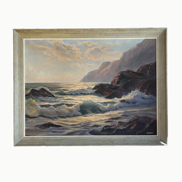 Mid-Century Coastal Oil Painting by Bertha Larson in Rustic Frame