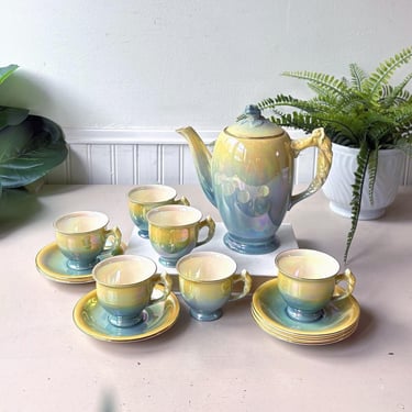Royal Winton Grimwades Lustreware Tea Set of 14, Vintage 1930s Iridescent Teapot and Cups Service, England 
