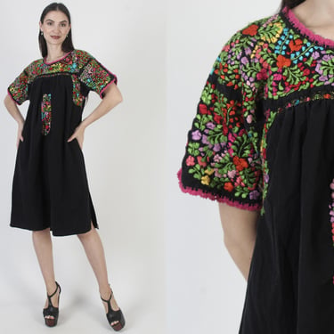 Black Cotton Oaxacan Dress, Traditional Embroidered Mexican Fiesta Kaftan 