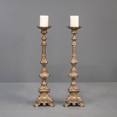 Early Vintage Spanish Inspired Tall Solid Brass Church Candelabras Featuring an Ornate Motif w/ Extensive Flourishes Throughout