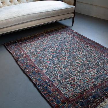 Antique 4’8” x 6’ Rug Botanical Allover Ivory Cream Blue Hand-knotted Rug 1900s - FREE DOMESTIC SHIPPING 