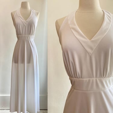 Vintage 70s Maxi Dress / Backless Halter Dress / WHITE /  V Neck + Band Waist / Minimalist Chic / Grette California 