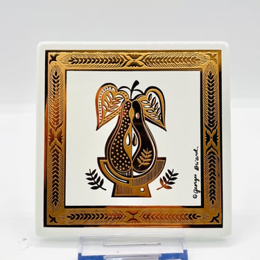 Vintage George Briard Ceramic Retired Tile– Gold Pear – Mid-Century Modern Pop Art – 1960s Retro Kitchen Decor -Signed by LeChalet