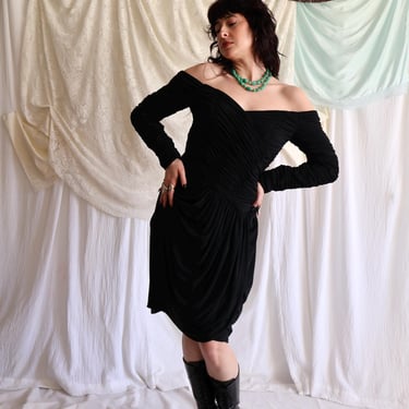 Vintage 1980s Victor Costa Black Off-Shoulder Cocktail Dress | Size M 