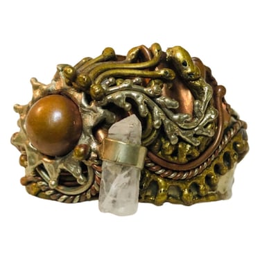 Vintage 1970's Gold & Brass Brutalist Artisan Quartz Crystal Cuff Bracelet 