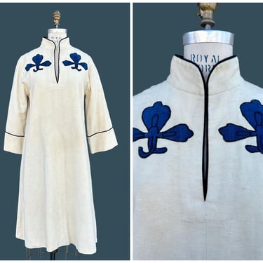 WHITE DUCK VINTAGE 80s Applique Tunic Dress | 1980s Hippie Boho | Handmade in Berkeley | Asian Cheongsam Inspired | Size Medium 