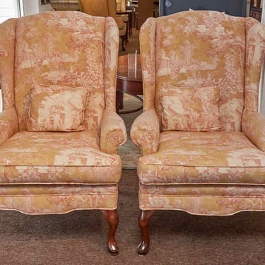 Pair of Toile Upholsterd Wing Back Chairs Includes Toss Pillow