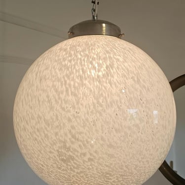 Large Murano Glass Globe Pendant Light - White Speckled Mottled Glas - Mid-Century Modern Italian Ceiling Lamp - Rewired with Safty Cable 