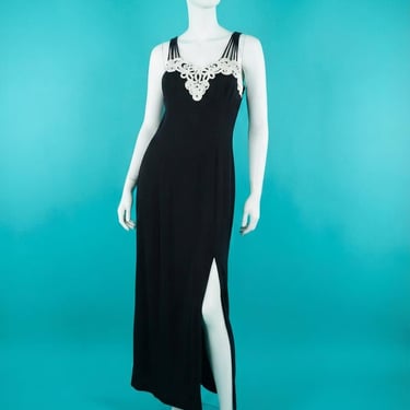 Vintage 1990s Black Formal Party Prom Dress With Leg Slit And Multi Strap Detail Size M/L 