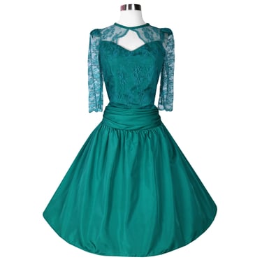 Vintage 80s Teal Blue Green Lace Big Bow Full Skirt Prom Party Evening Dress L Large Elbow Length Sleeves 1980s Costume Formal Floral Lace 