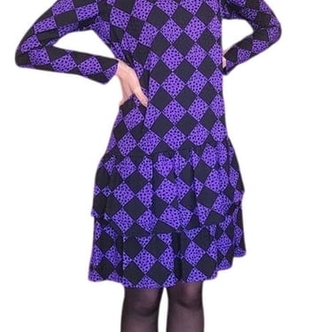 Vintage 1980s GIVENCHY Silkprint Dress Purple Black Harlequin Diamonds Long Sleeved 