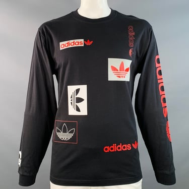 ADIDAS Size L Black Red Logo Cotton Crew Neck Pullover