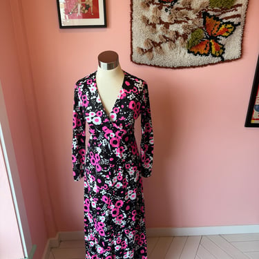 70s Vintage Black and Pink Floral Maxi Wrap Dress fits Sm/M by cherba