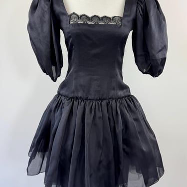 1980s Black Carolyne Roehm Dress with Lace Trim 