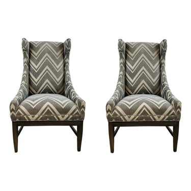 Tom Filicia for Vanguard Gray Chevron James Street Wing Chairs Pair