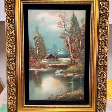 Scenic cabin oil painting in gorgeous gold guild frame by H Ross approx 26x19