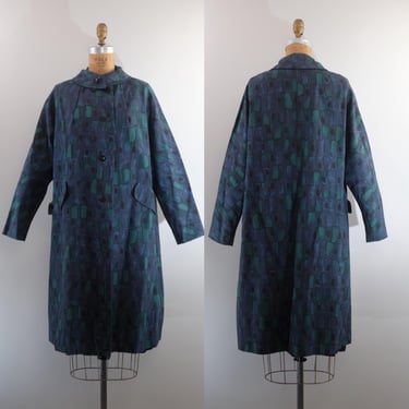 1960s Mod Cotton Coat Mac - Abstract Print - Blue Green - Medium/Large 