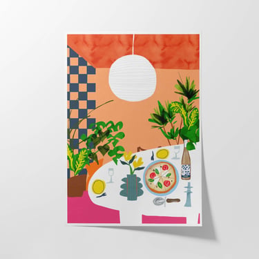 Pizza Night Art Print – Colorful Dinner Table Wall Decor, Kitchen   Dining Room Still Life, Gather & Pour Collection 