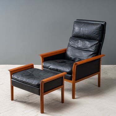 Norwegian Black Leather Lounge Chair & Ottoman