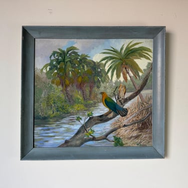 1970s Vintage W. Saling Bird on Tree Landscape Oil Painting on Masonite, Framed 