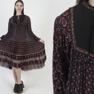 Vintage India Gauze Dress, Floral Block Print Cotton, Quilted Metallic Black Sundress 