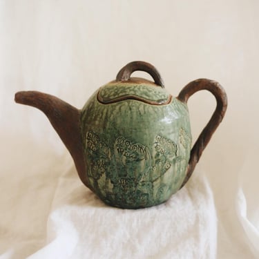 Large Vintage Studio Pottery Teapot, Signed Stoneware Teapot, Sage Green Botanical Floral Art Pottery, Handmade 12.5 Inch 