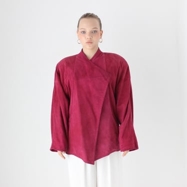 80s Raspberry Suede Multi-Way Foldover Collar Batwing / Dolman Sleeve Slouch Bomber Jacket w/ Shoulder Pads by Saks Fifth Ave 