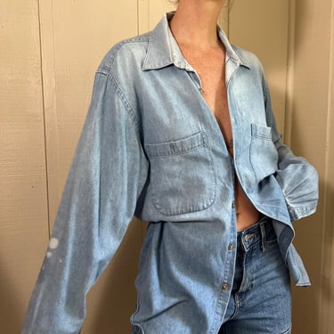 Vtg 80s Denim Long Sleeve Button Up, Vintage Men's Thrashed Blue Denim Dress Shirt, Button Down Work Shirt, Cotton Oxford 