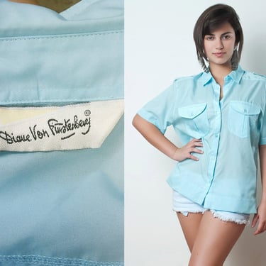 Vintage 80s DVF Diane Von Furstenberg light Baby Blue Safari Blouse short sleeves button down L LARGE 