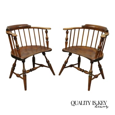 Antique English Windsor Colonial Pine Wood Spindle Pub Club Arm Chairs - a Pair