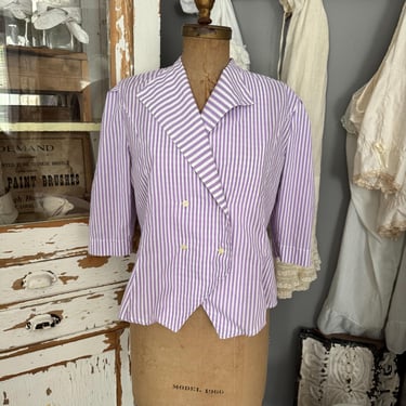Vintage 80s Pastel Colored Button Up Cotton Blouse Double Breast Wide Quarter Sleeves; 80s Spring Candy Stripe Blazer Lilac Purple White 