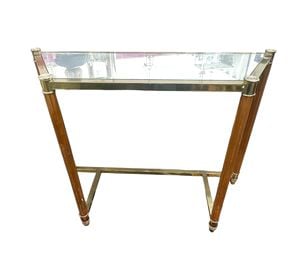Brass & mirror top console table w/wood fluted legs, 30H. 40W. 14D.