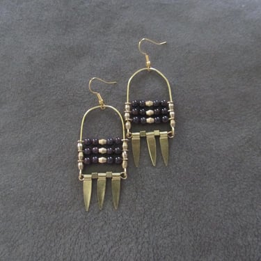 Dark stone and brass ethnic statement earrings 